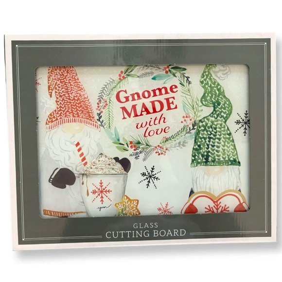 Gnome Made With Love Glass Cutting Board Christmas Holiday Gift NWT - Picture 1 of 4
